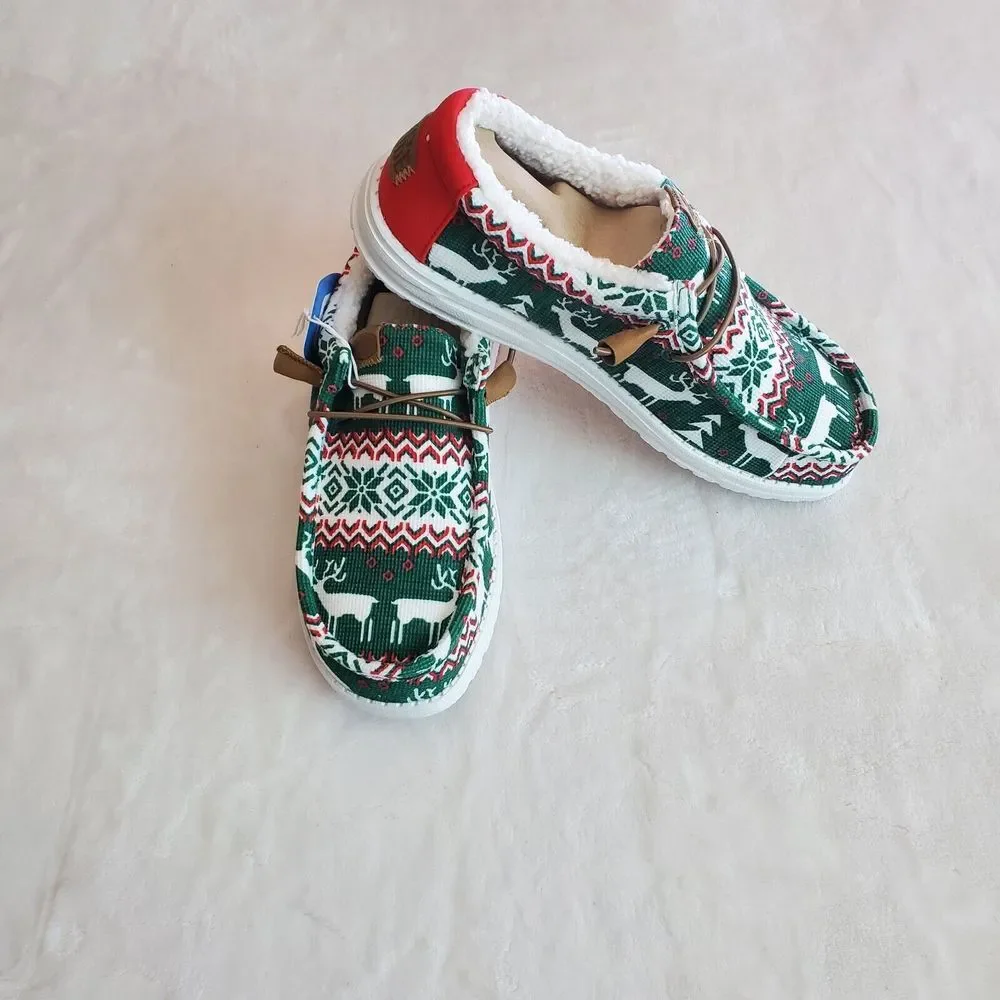 Hey Dude Wally Ugly Sweater‎ Lined Shoes Men's Size 10 Green Christmas Reindeer